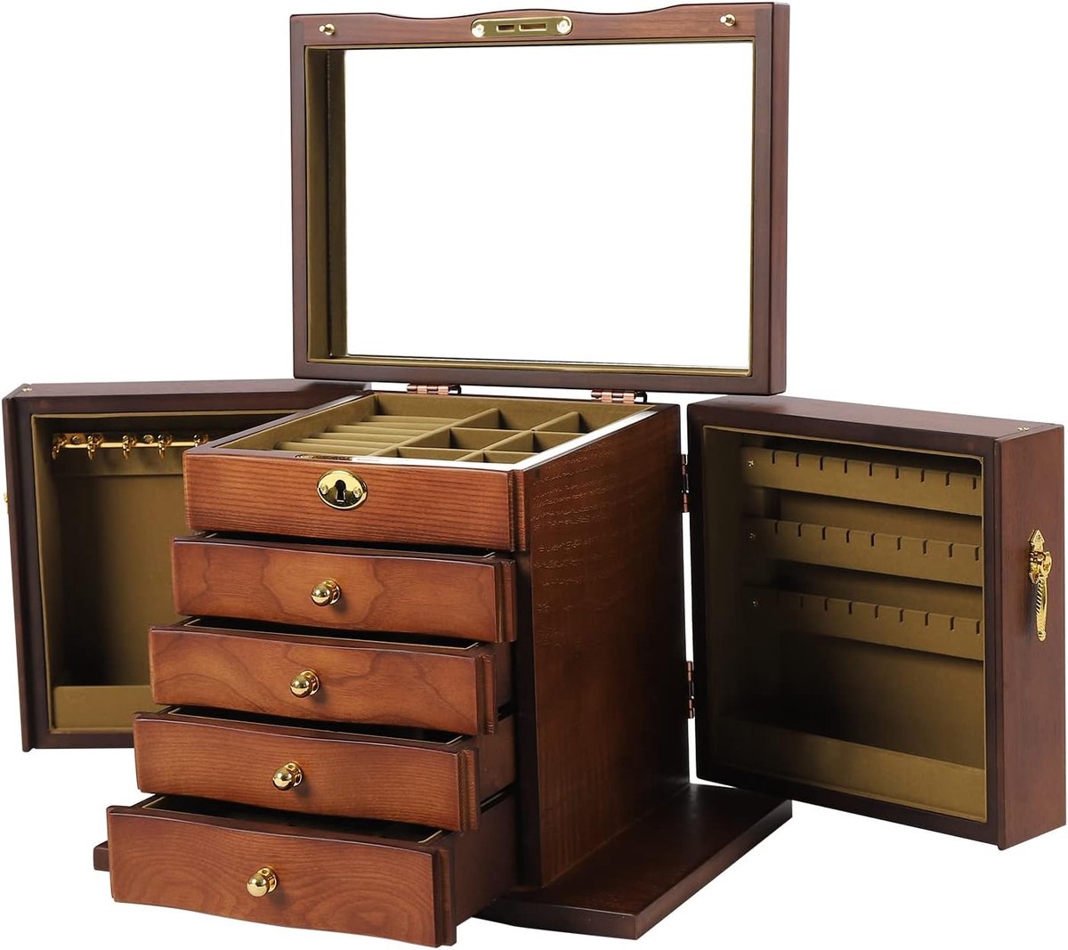 Sieradenbox groot - houten design - met 5 niveaus en spiegel - veilig opbergen van sieraden - SnelShoppen