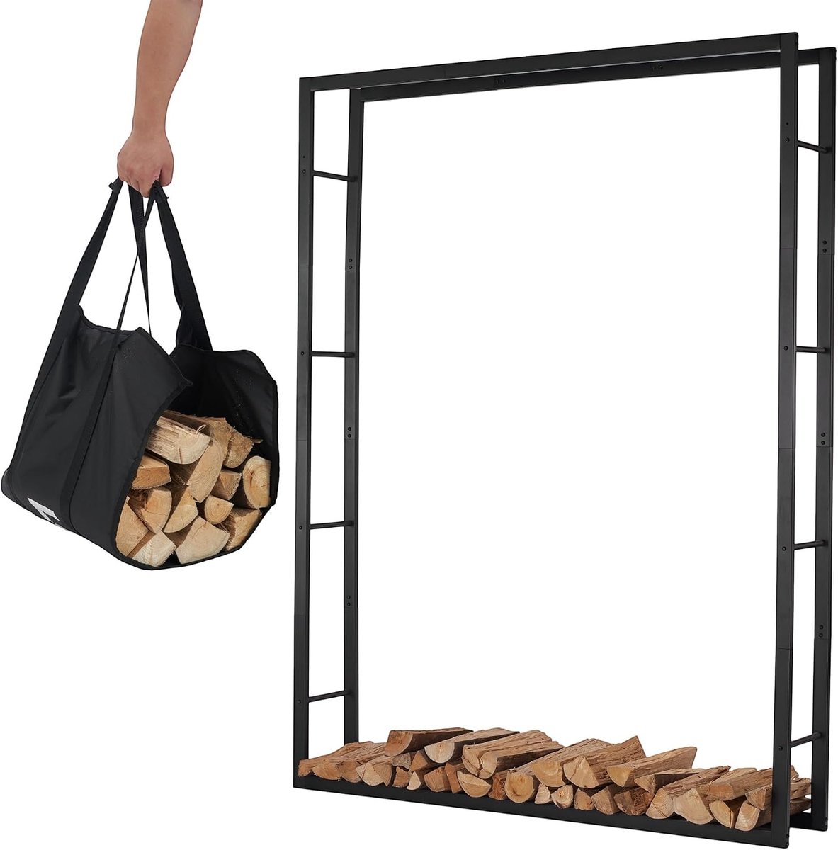 Houtopslagrek 148×25×196 cm - Zwart staal - Stevige constructie - Geschikt voor binnen en buiten - SnelShoppen