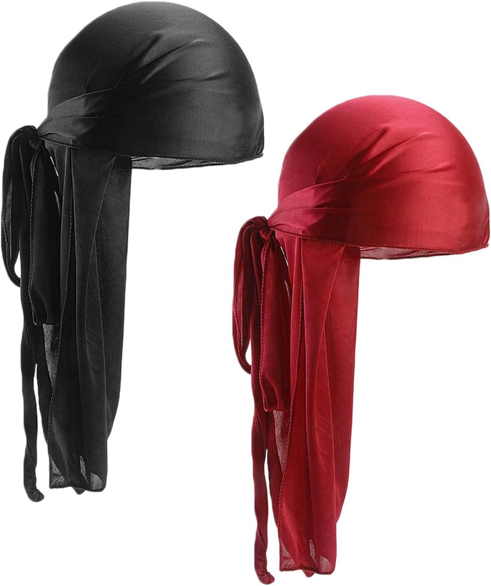 2 stuks Durag satijnen zijden elastische piratenbandana, uniseks, met lange staart en brede banden, hiphop-accessoires voor dagelijks gebruik