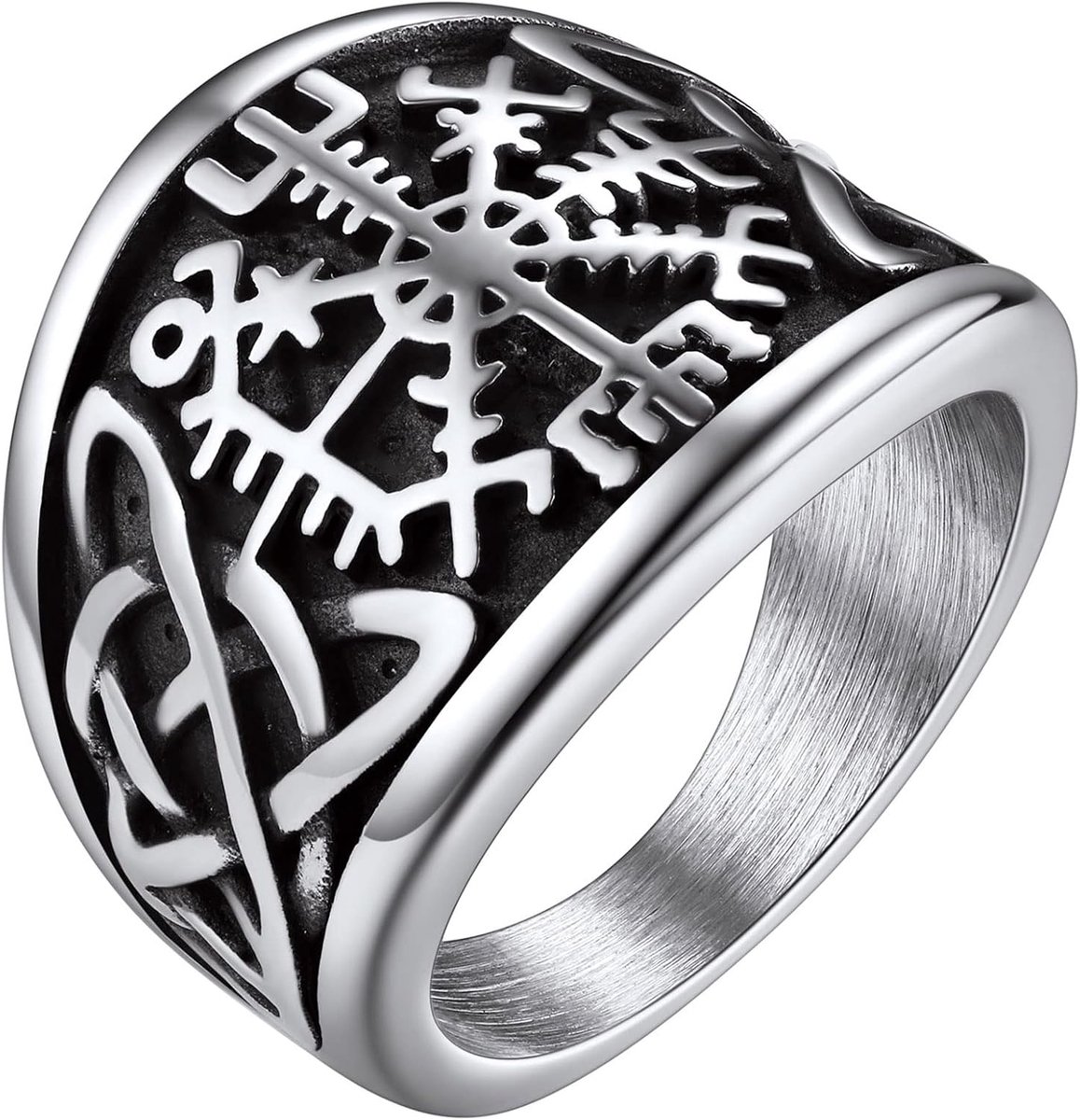 Viking-ring voor heren, kompas, vegvisir-ringen, roestvrij staal/goudkleurig/zwart geplateerd, Noorse mythologie, ringmaat O-Z+3 (met cadeauverpakking), Roestvrij staal