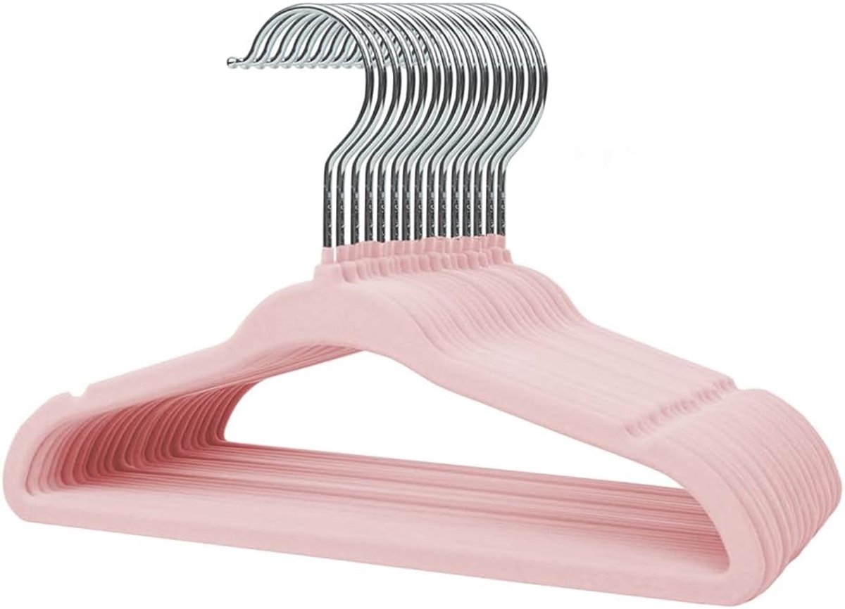 Fluwelen kleerhangers, 28 cm, voor baby's en peuters, 16 stuks, roze | Antislip, robuuste ruimtebesparende met ingekeerde schouders en draaibare metalen haken