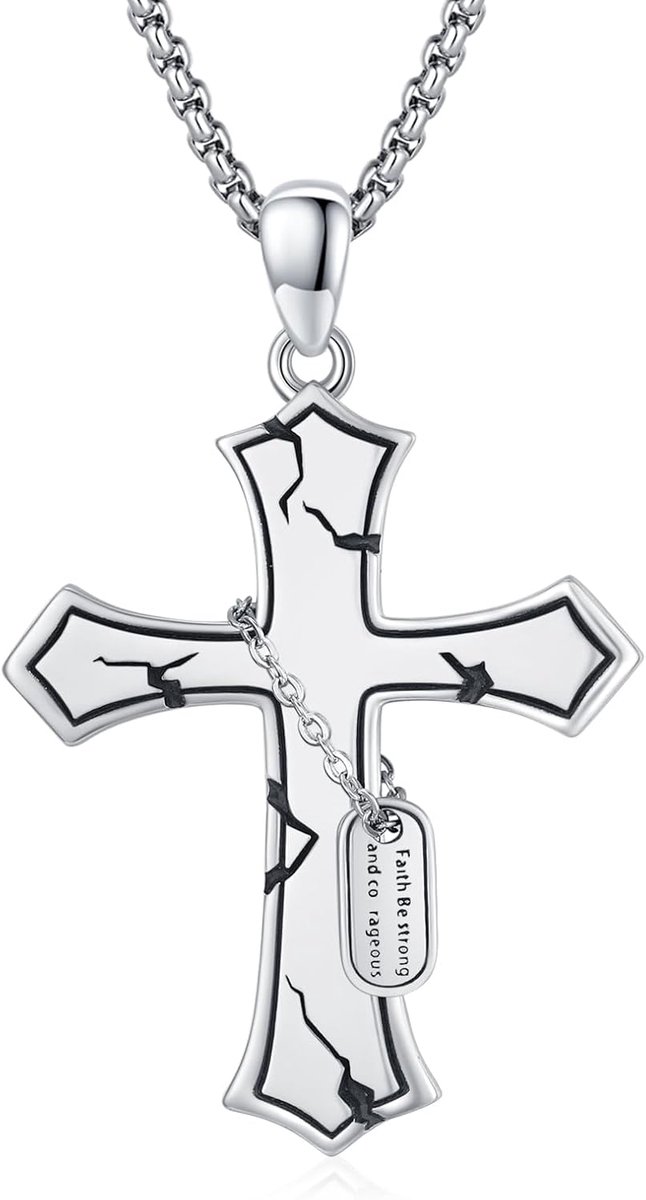 Halsketting voor heren, 925 sterling zilver, kruishanger, religieuze halsketting, kruis, sieraad voor heren, roestvrij staal, 55 + 5 cm, Standaard, Sterling zilver, Geen edelsteen