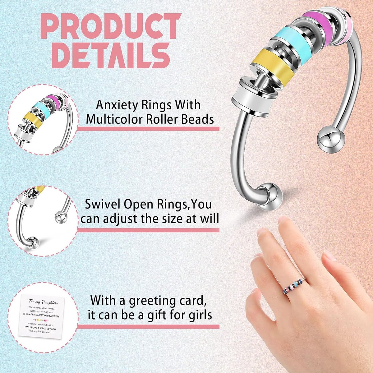 Fidget Ring Roestvrij Staal Verstelbare Open Angst Ringen Anti Stress Fidget Roterende Ringen met Multicolor Kralen voor Vrouwen Mannen Angst Verlichting