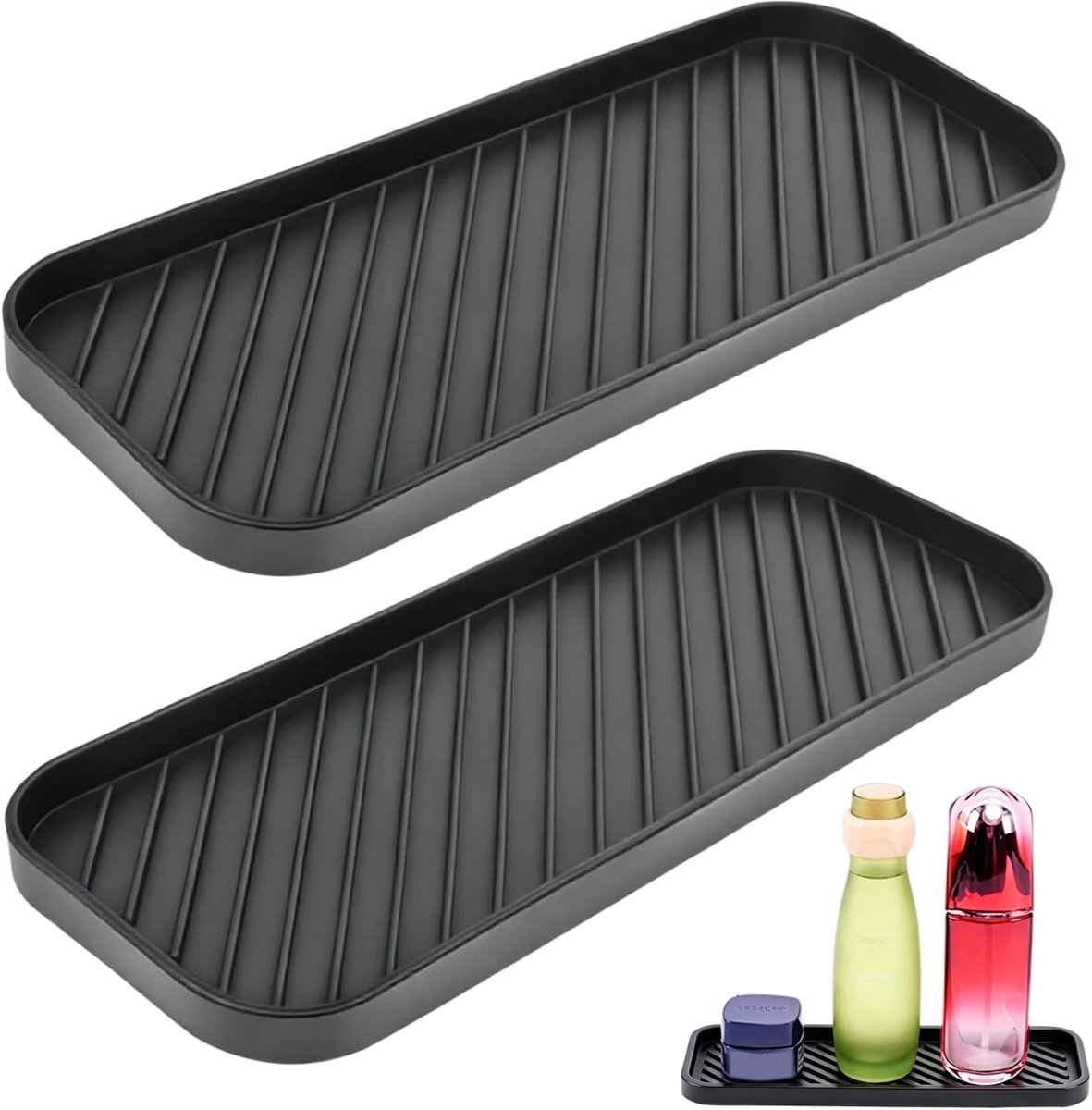 Afwasbakorganizer met afdruipmat van siliconen voor keuken en badkamer, veelzijdige organizer voor het opbergen van sponzen, zeep, borstels, flessen en accessoires, 2 stuks, zwart