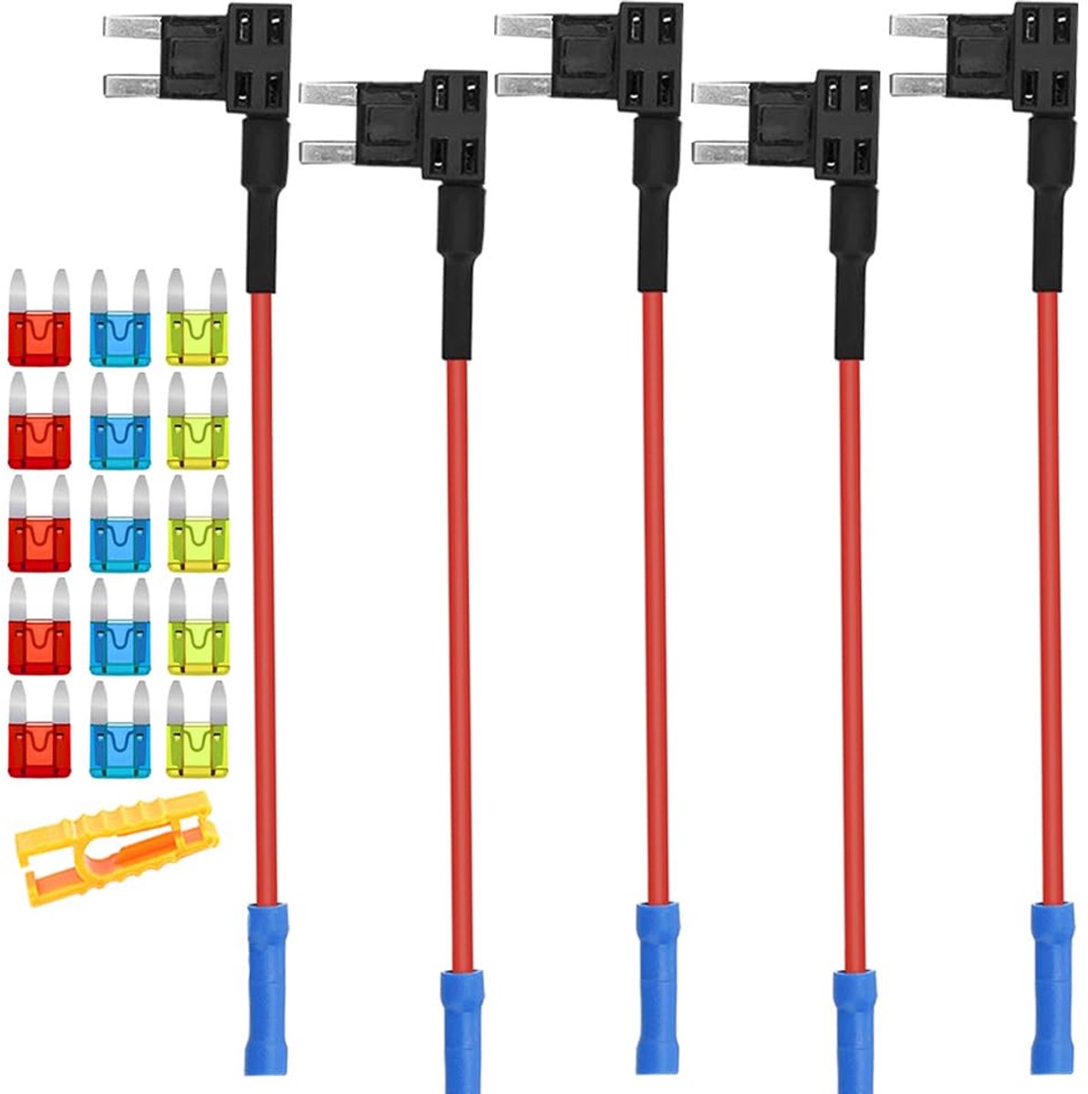 5 Stuks 12V / 24V Klein Add-a-Circuit Zekering Adapter, Auto Piggyback Zekeringhouder met 16 AWG Draad, Gratis 15 Stuks Mini Bladzekeringen en Zekeringtrekker (Krimp Terminal)