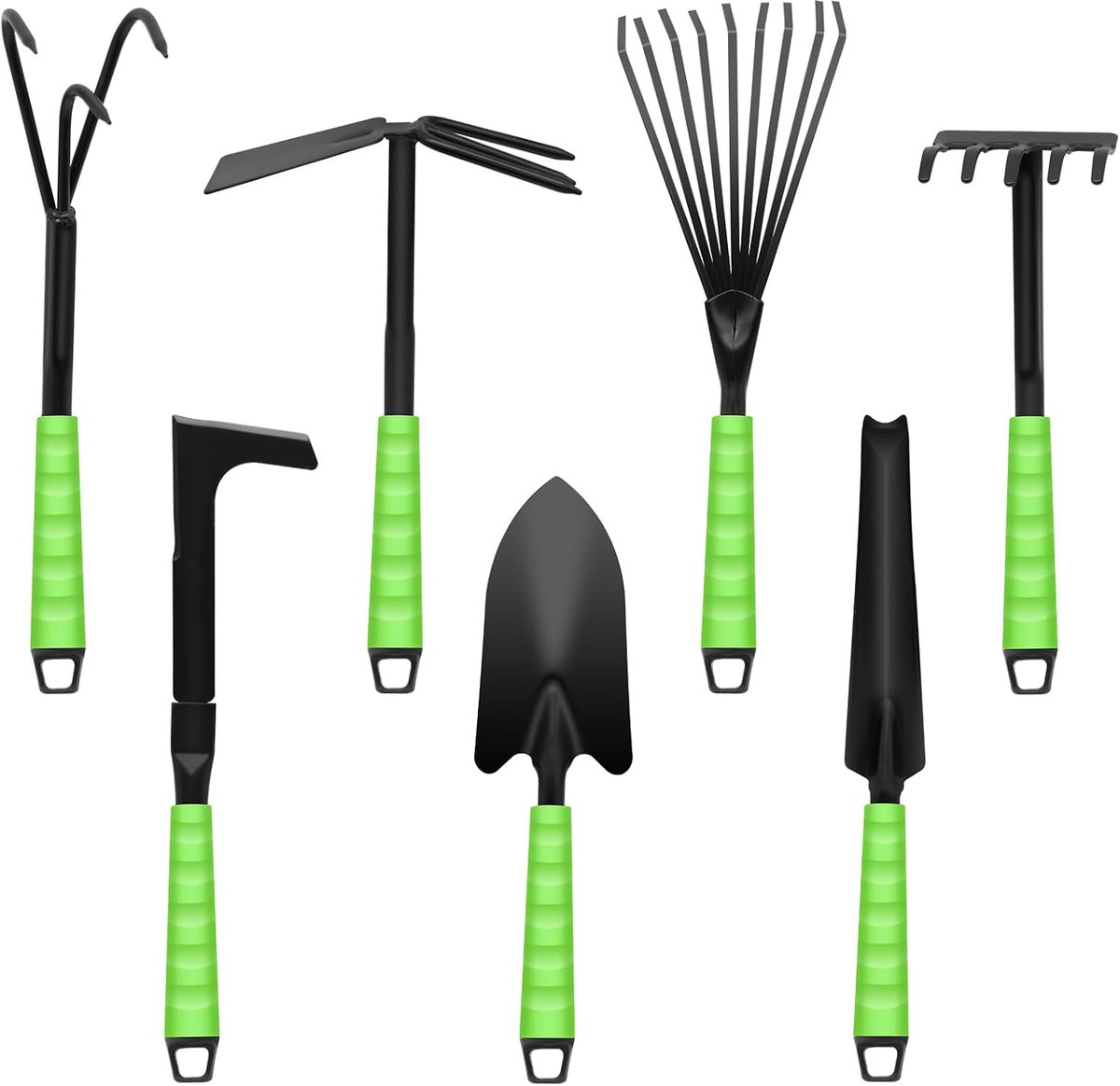Tuingereedschapsset, 7-delig, bevat tuintroffel, twee-tandige handhak, hark zonder tanden, grashark, bloemtroffel en voegenkrabber, handgereedschap voor tuinieren