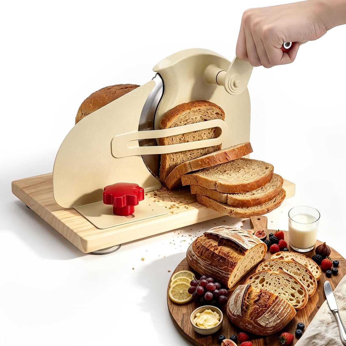 Broodsnijmachine met handslinger, broodsnijmachine met schaallijnen en zuignappen, roestvrij stalen lemmet, instelbare schijfdikte, compact voor zelfgemaakt brood en zuurdeegbrood