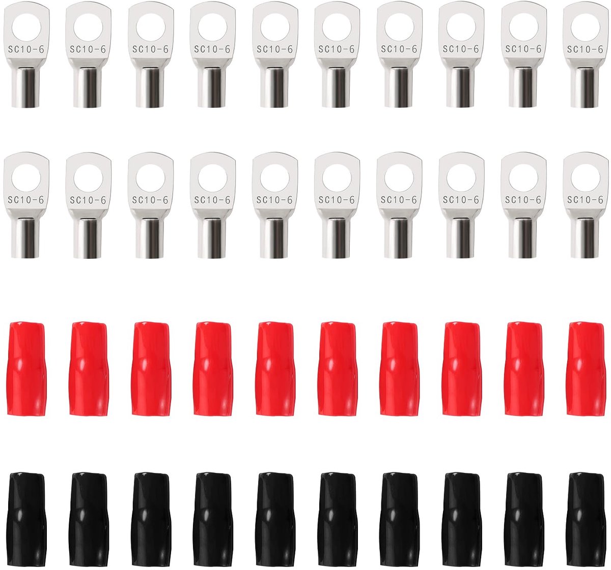 40 Stuks M6 SC10-6 AWG8 Ringklemmen Set, Buisvormige Batterijkabeluiteinden, Batterij Kabel Eind Terminals, met Isolatie Mouwen, voor Elektrische Kabel, Zilver