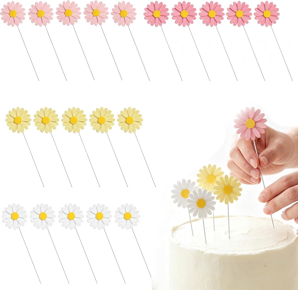 Set van 20 grote madeliefjestaartdecoraties, papieren bloemtoppers, perfect voor verjaardagsfeesten, bruiloften, middagthee en bakdisplays