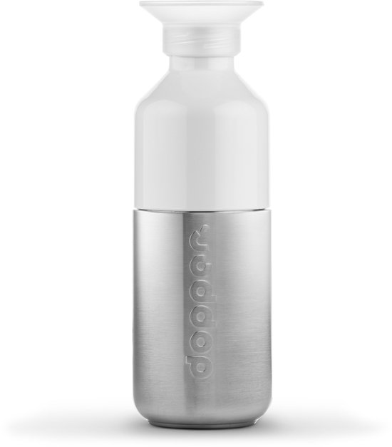 Dopper Steel fles met zilverkleurige onderkant en witte bovenkant, met dop.