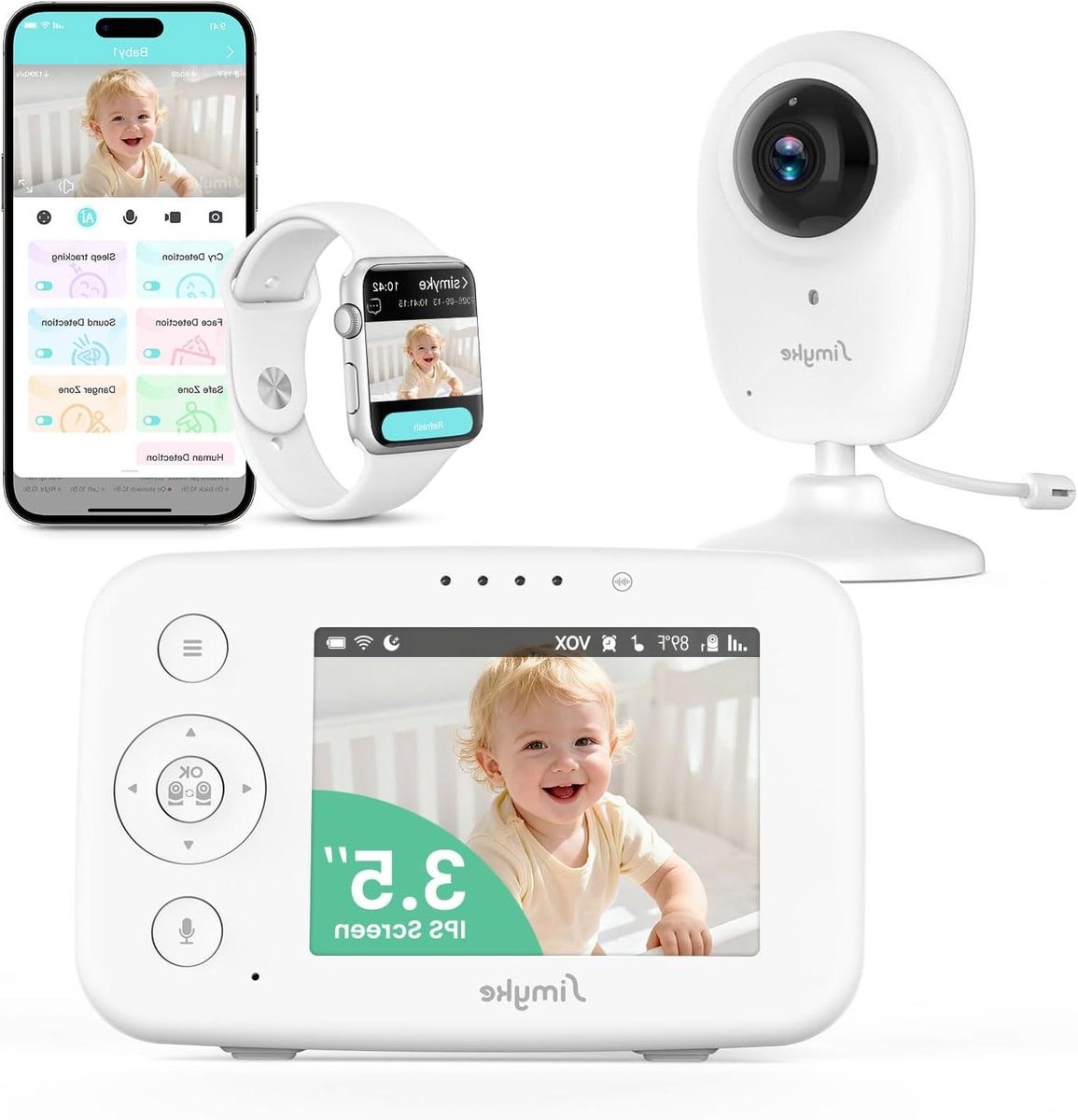 Video Babyfoon - Baby Monitor - Baby Bewaking - 2-Weg Praten - 3.5 inch Scherm - Wit
