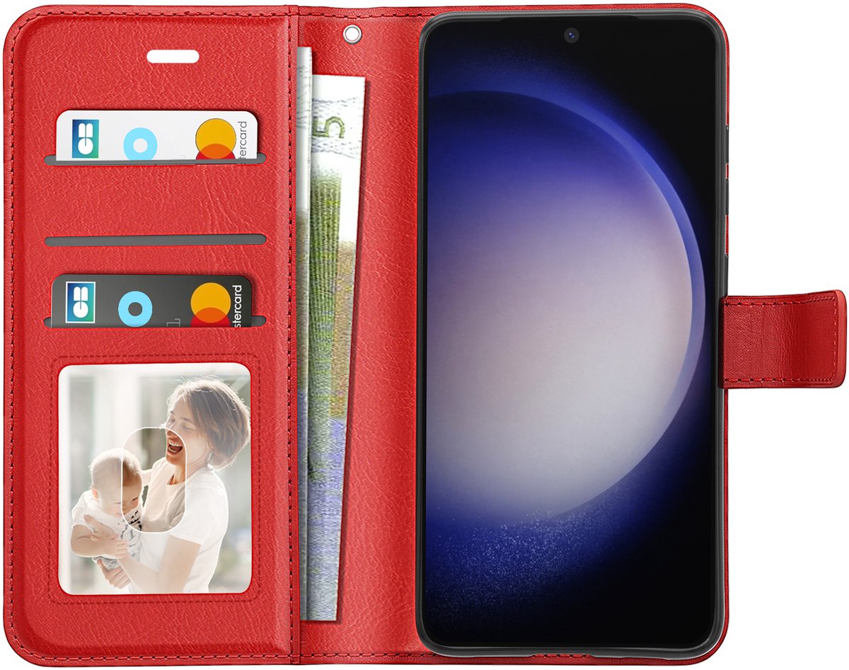 Mayaxess, Portemonnee Hoesje Geschikt voor Samsung Galaxy S23 met Polsband & Standaard, Rood