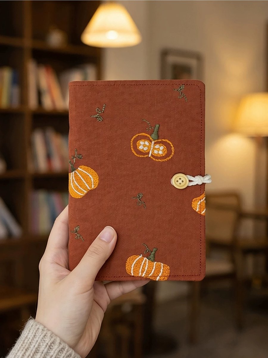 Notitieboek - Dagboek - Stoffen kaft - A6 Pocket Formaat-Klein-Geborduurde kaft - Decoratie met pompoenpatroon - Vervangbare, handgeschreven binnenpagina's - 90 pagina's (met lijnen)
