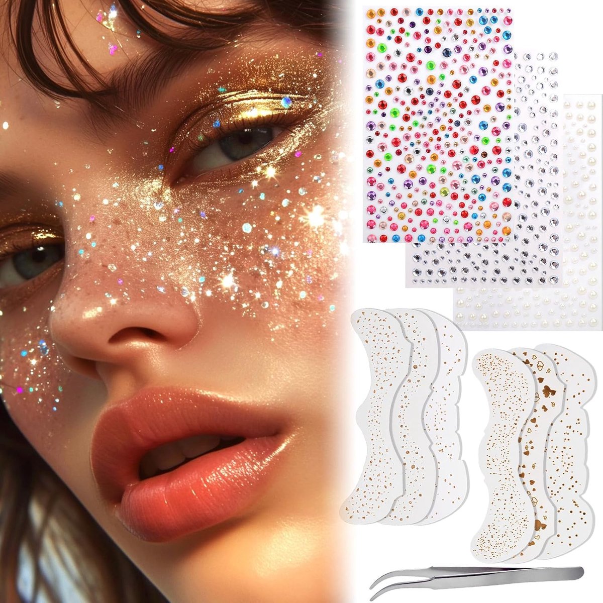 Glitter zomerfreckles gezichtstatoeages 9-stuks - waterdicht - sparkling make-up juwelen - perfect voor festivals - ShopVlot