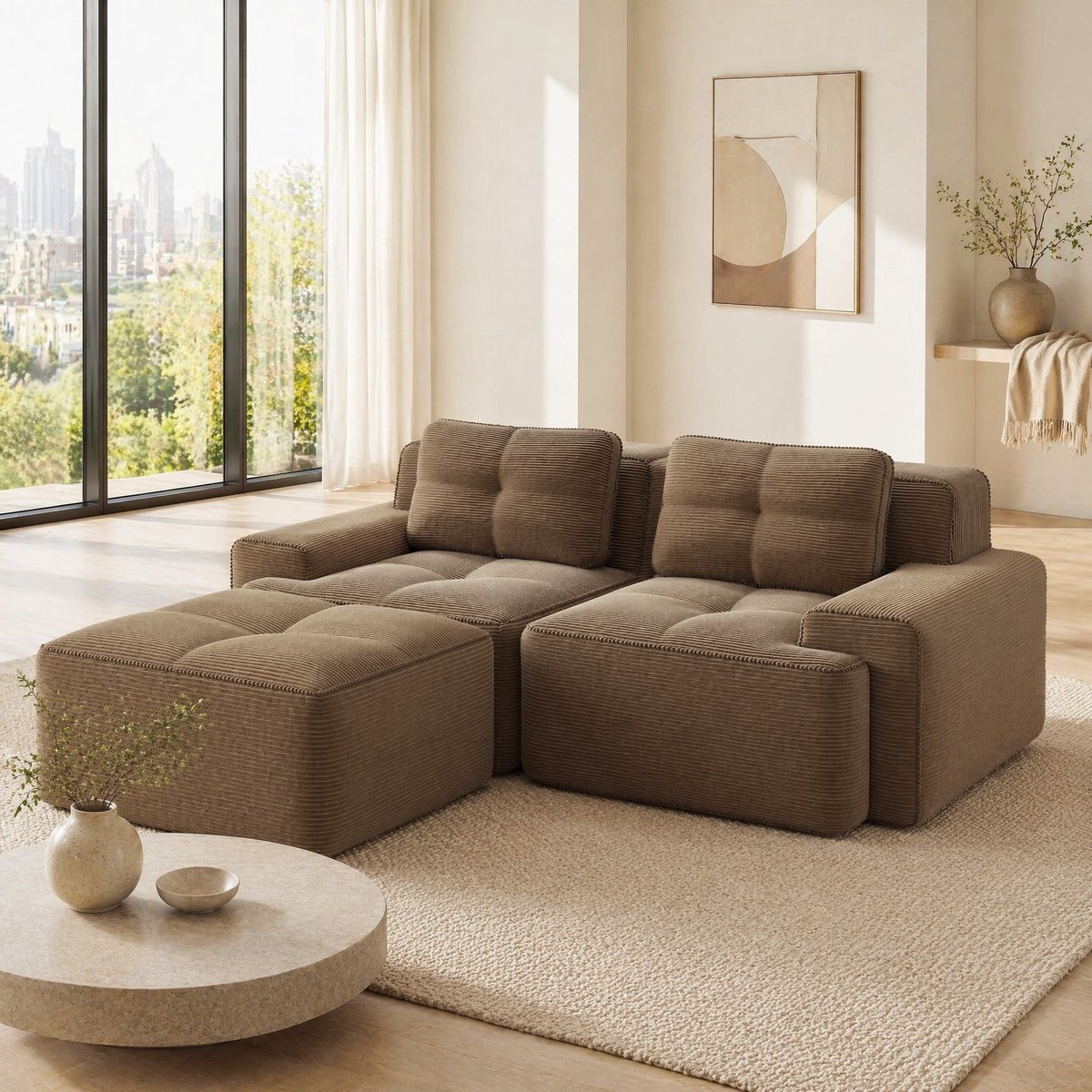 MEUNIQ modulaire hoekbank 204 x 177 x 69 cm met ottoman, 74 cm zitdiepte, corduroy bekleding, slaapfunctie en lage zitting voor woonkamer, bruin