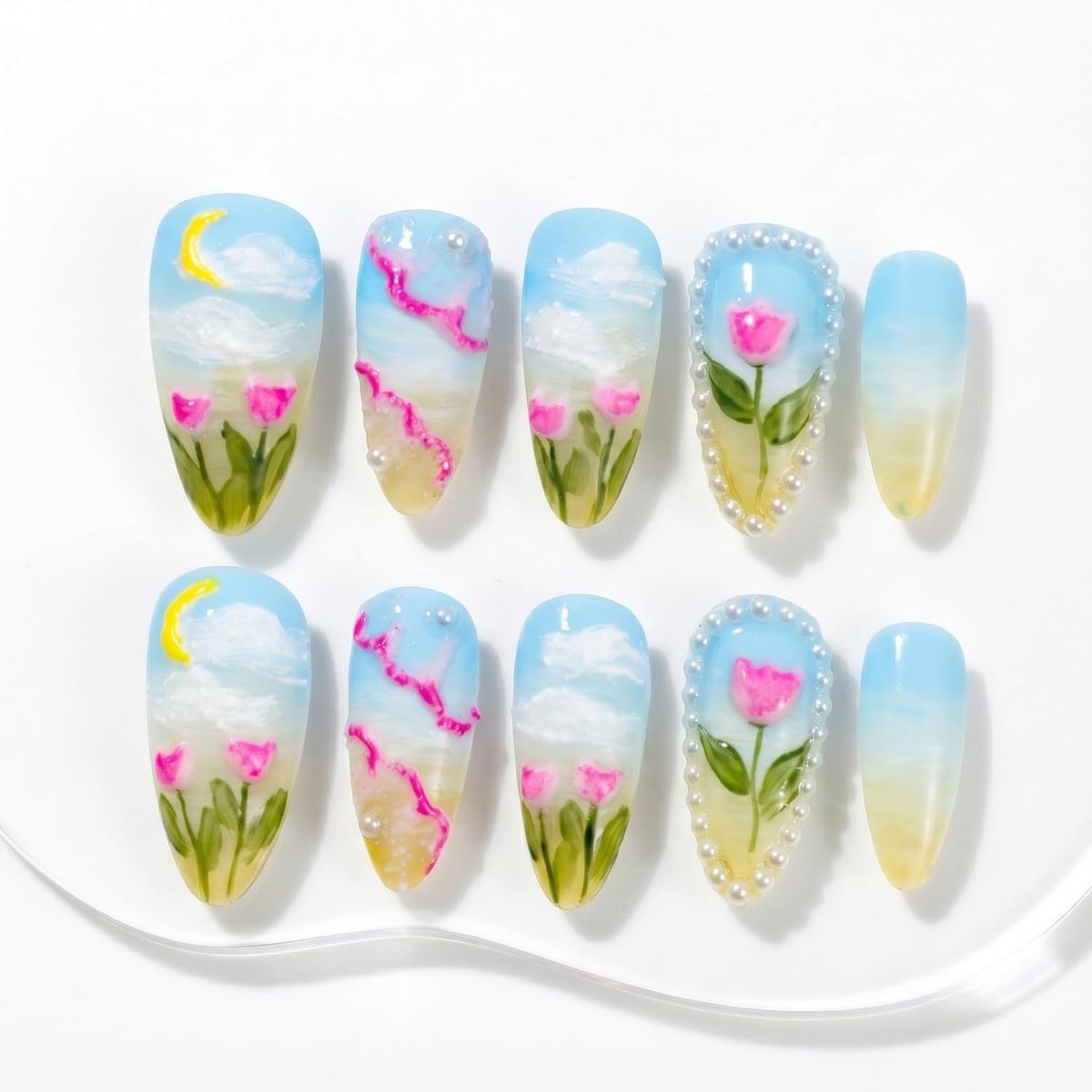 Valse nagels medium lang - amandelvorm blauw wit - schattige 3D bloem parel - stijlvolle look - ShopVlot