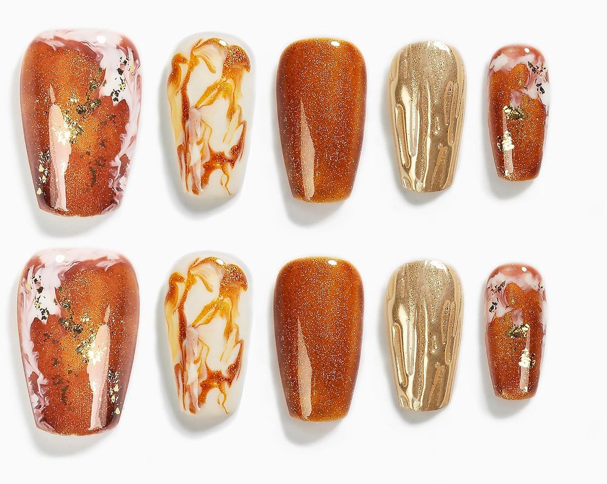 Valse nagels korte coffin ballerina - bruin goud wit amber gradient - handgemaakt - ShopVlot