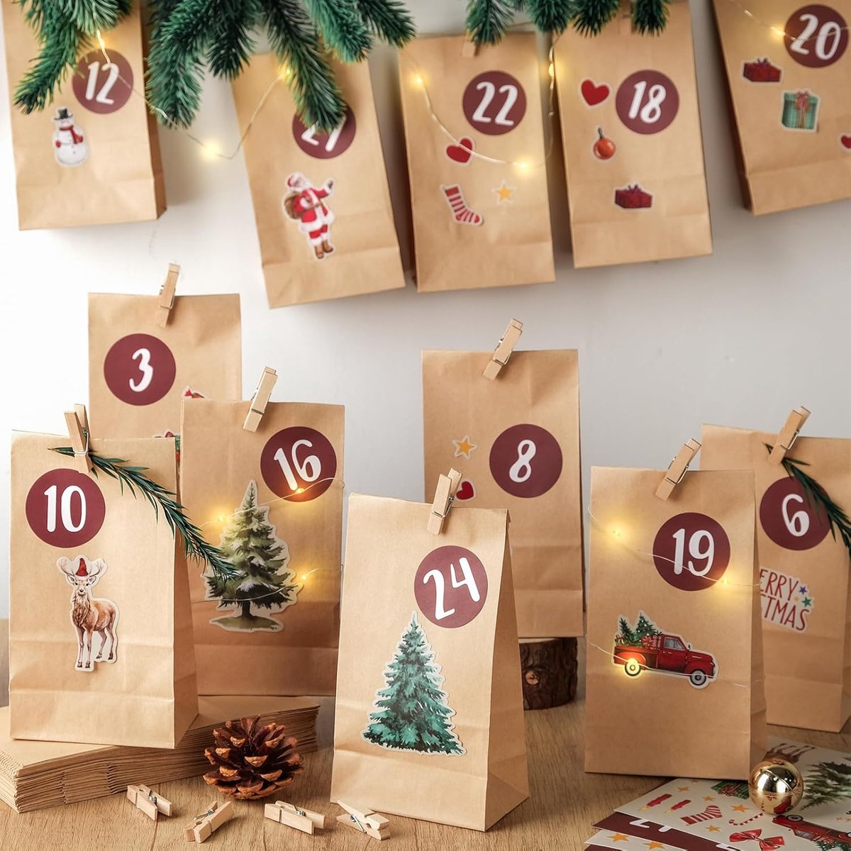 Adventskalender voor vullen - 24 DIY papieren zakjes - met stickers en jute touw - maak unieke kerstsurprises - ShopVlot