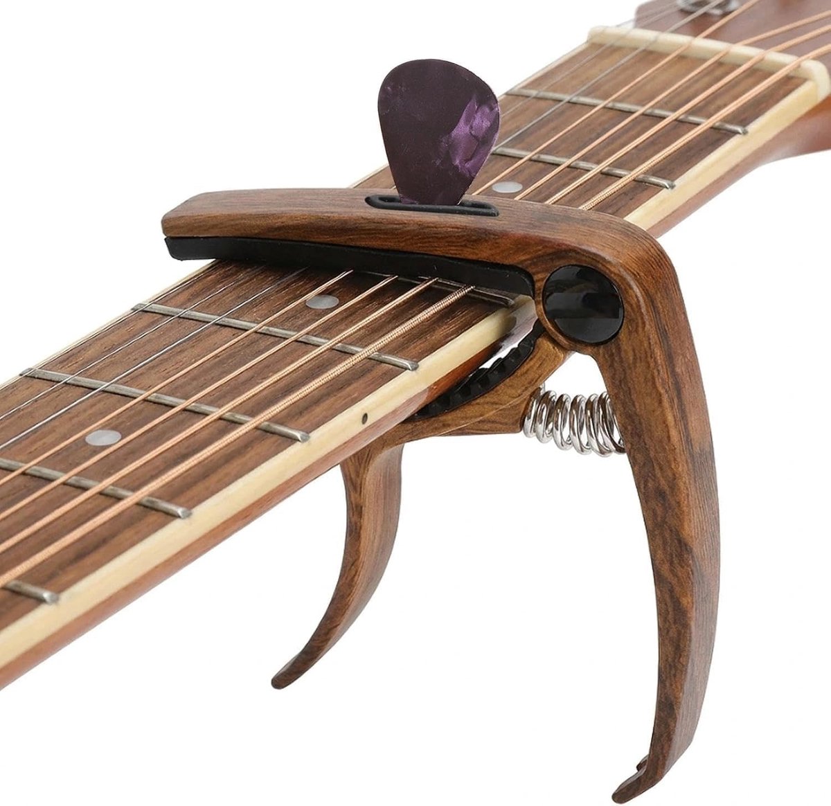 Gitaarcapo met plectrums - houten design - roestvrij materiaal - vergemakkelijkt het spelen - ShopVlot