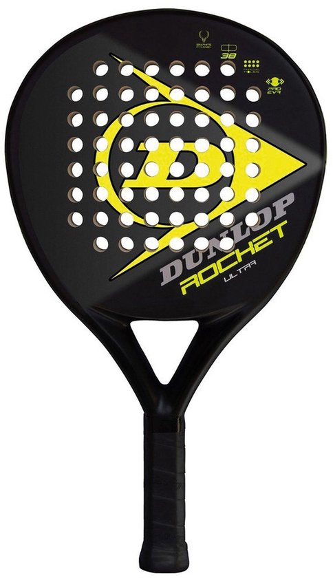 Dunlop padelracket, zwart met geel Dunlop logo en 'ROCHET ULTRA' tekst.