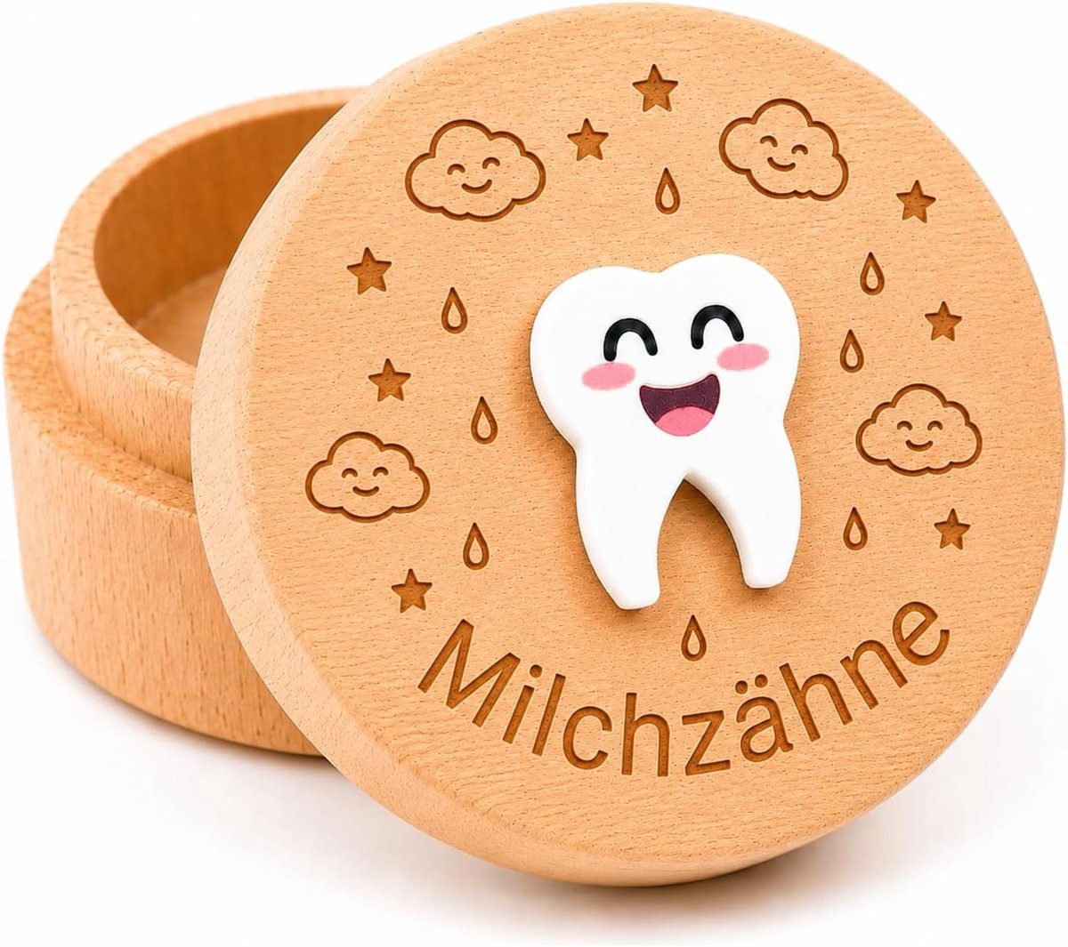Melktanddoos 5 cm - natuurlijk hout - 3D-cartoon-tandpatroon - persoonlijk souvenir voor jongens en meisjes - ShopVlot