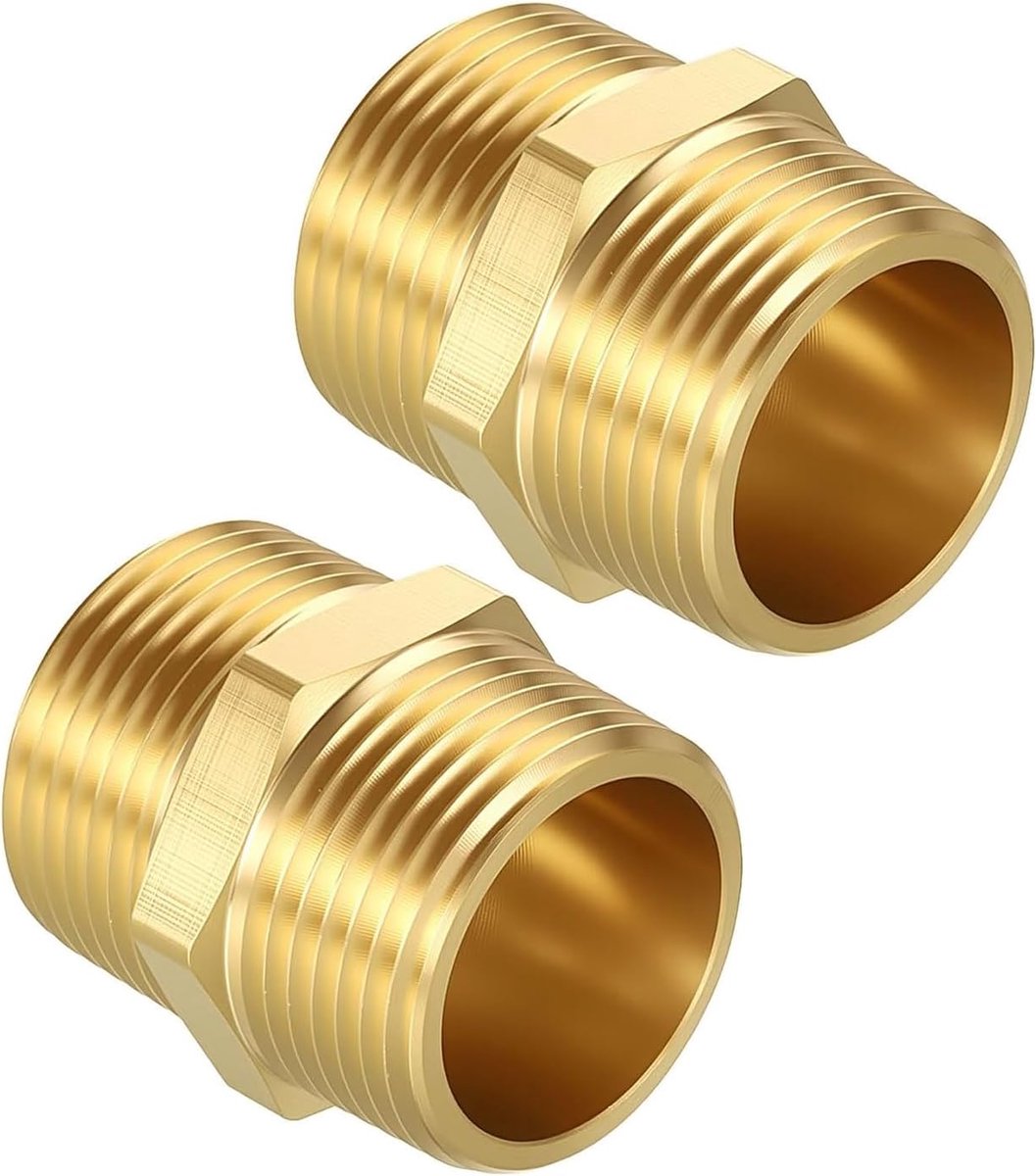 SnelShoppen - Double Nippel 3/4 Inch Messing, 2 Stuks Dubbele Nippel met Zeskant, Robuuste Aansluitingen voor Drinkwater, Geschikt voor Loodgieterij,