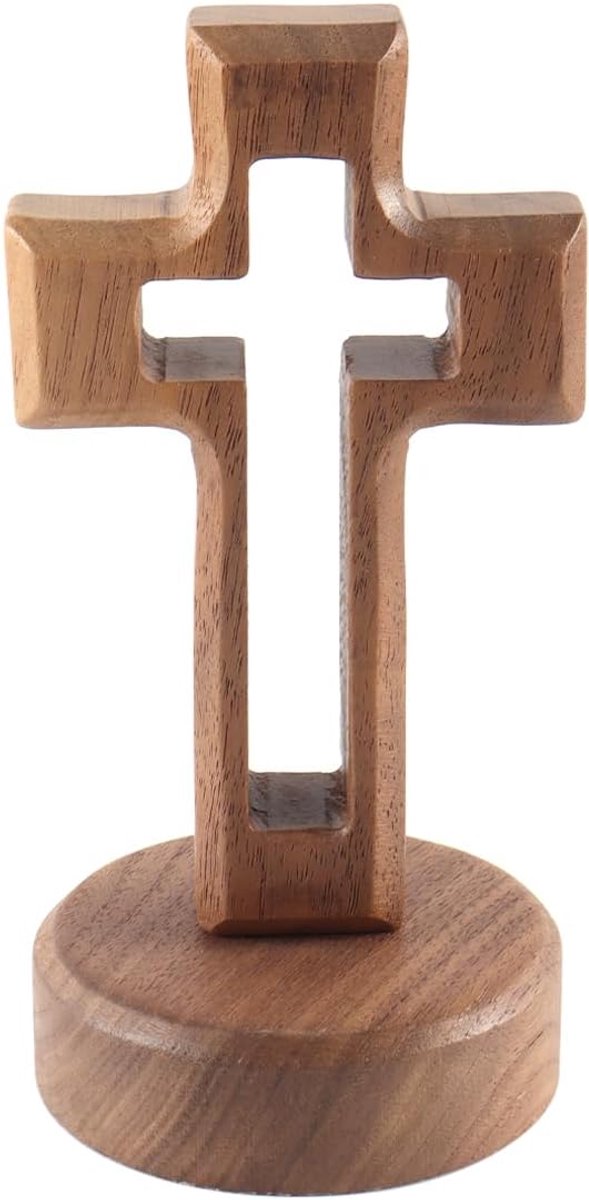 Houten kruis met voet - staande crucifix van walnoot - kunstzinnig design - sfeervolle desk ornament - ShopVlot