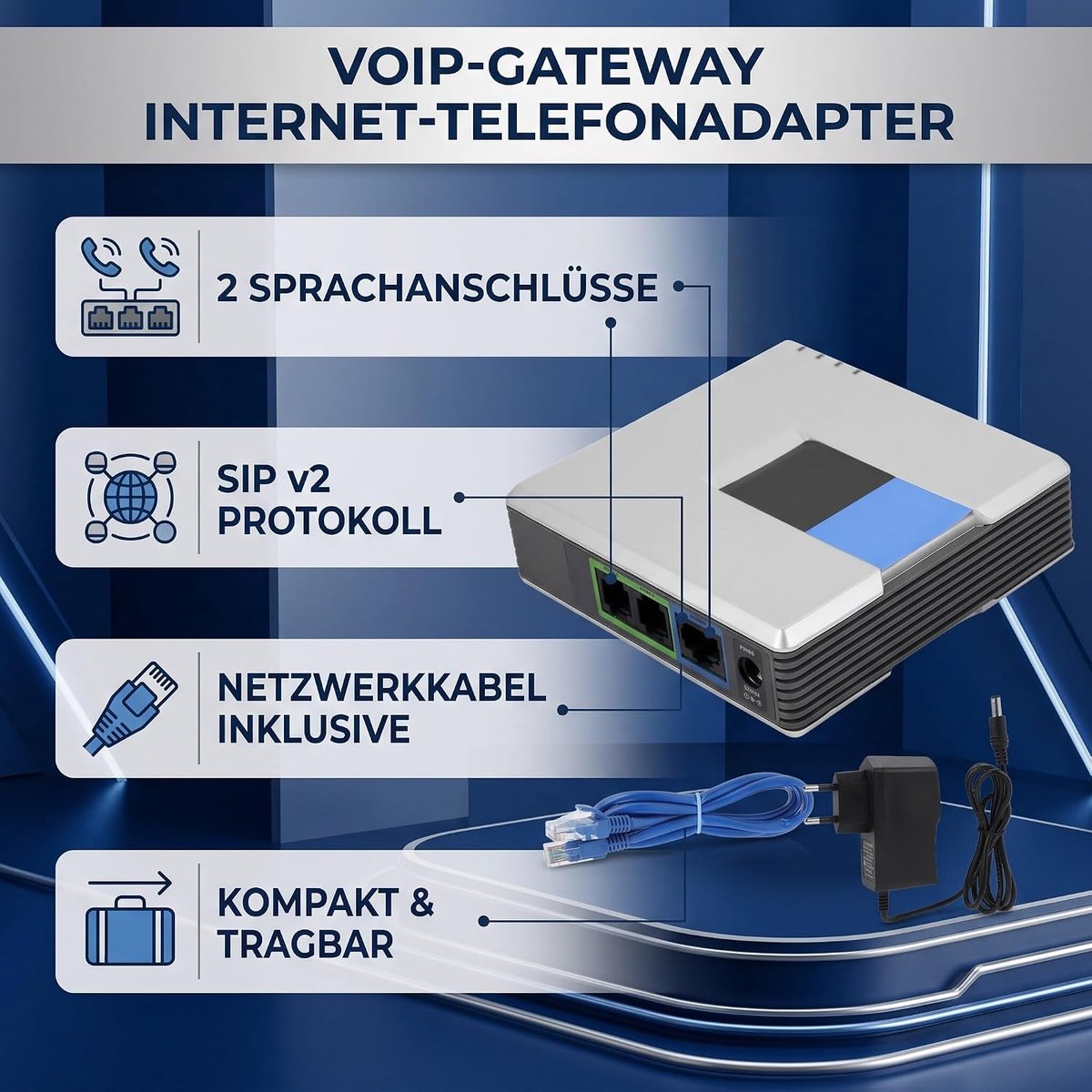 VoIP gateway 2 poorten - internet telefoonadapter - SIP RJ45 kabel - eenvoudig op te zetten - ShopVlot