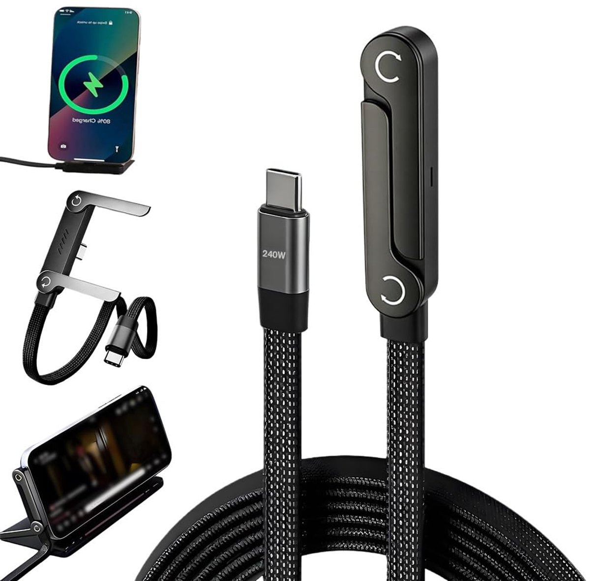 2-in-1 oplaadkabel 240 W - USB C-kabel 1,5 m - inklapbare standaard - ideaal voor smartphones en tablets - ShopVlot