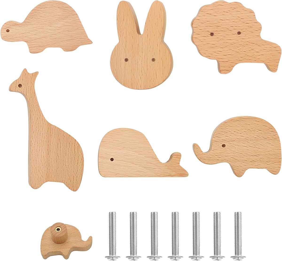 Ladenknoppen voor kinderkamer - 6 houten dierenhandvatten - schattige ontwerpen - voor meubels - ShopVlot