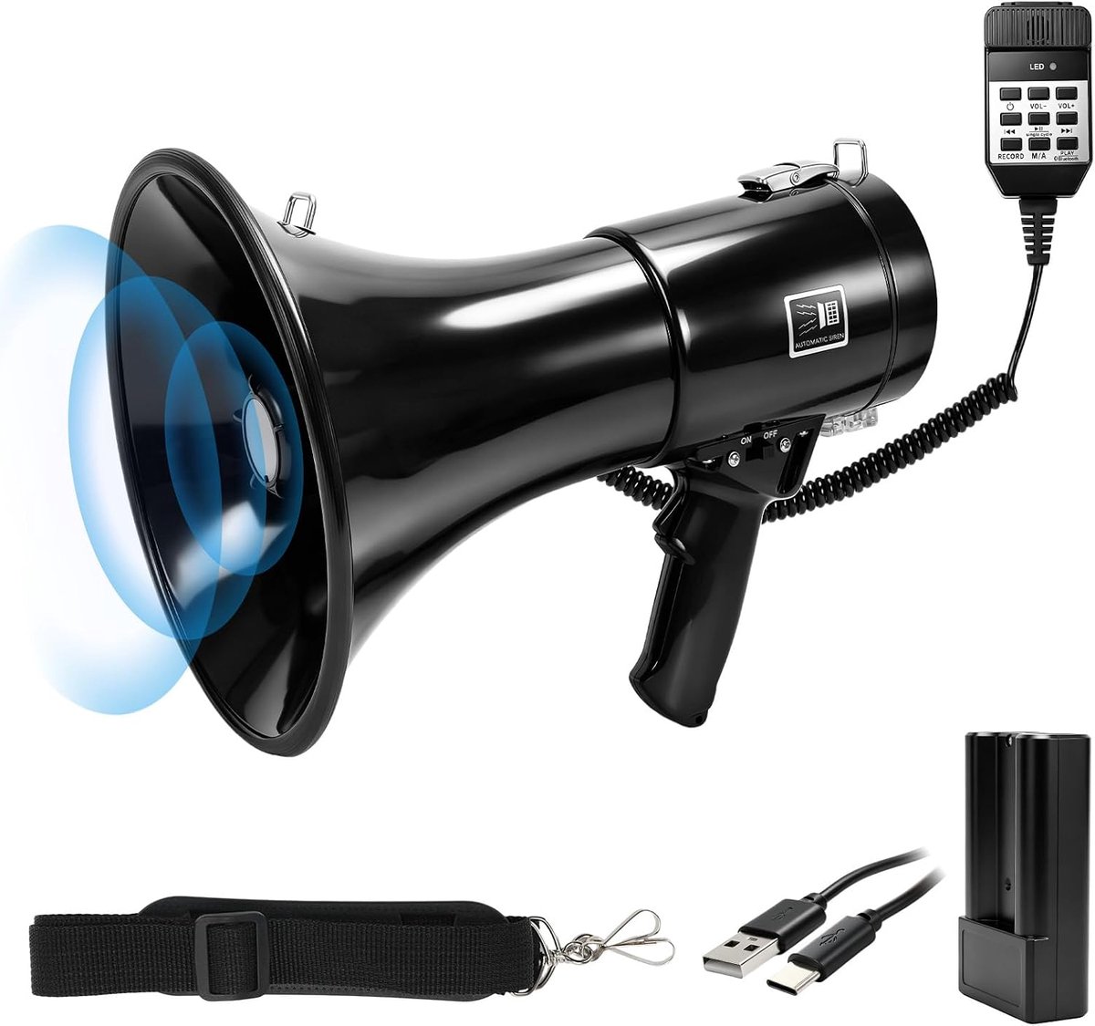 Megafon 150 W - met sirene - opnamefunctie en Bluetooth - ideaal voor sportevenementen - ShopVlot
