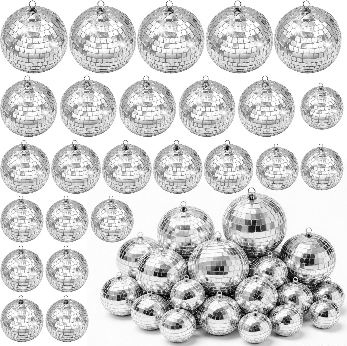Disco spiegelbal set 25 stuks - zilveren decoratie - 4 maten - voor feest- en bruiloftdecoratie - ShopVlot