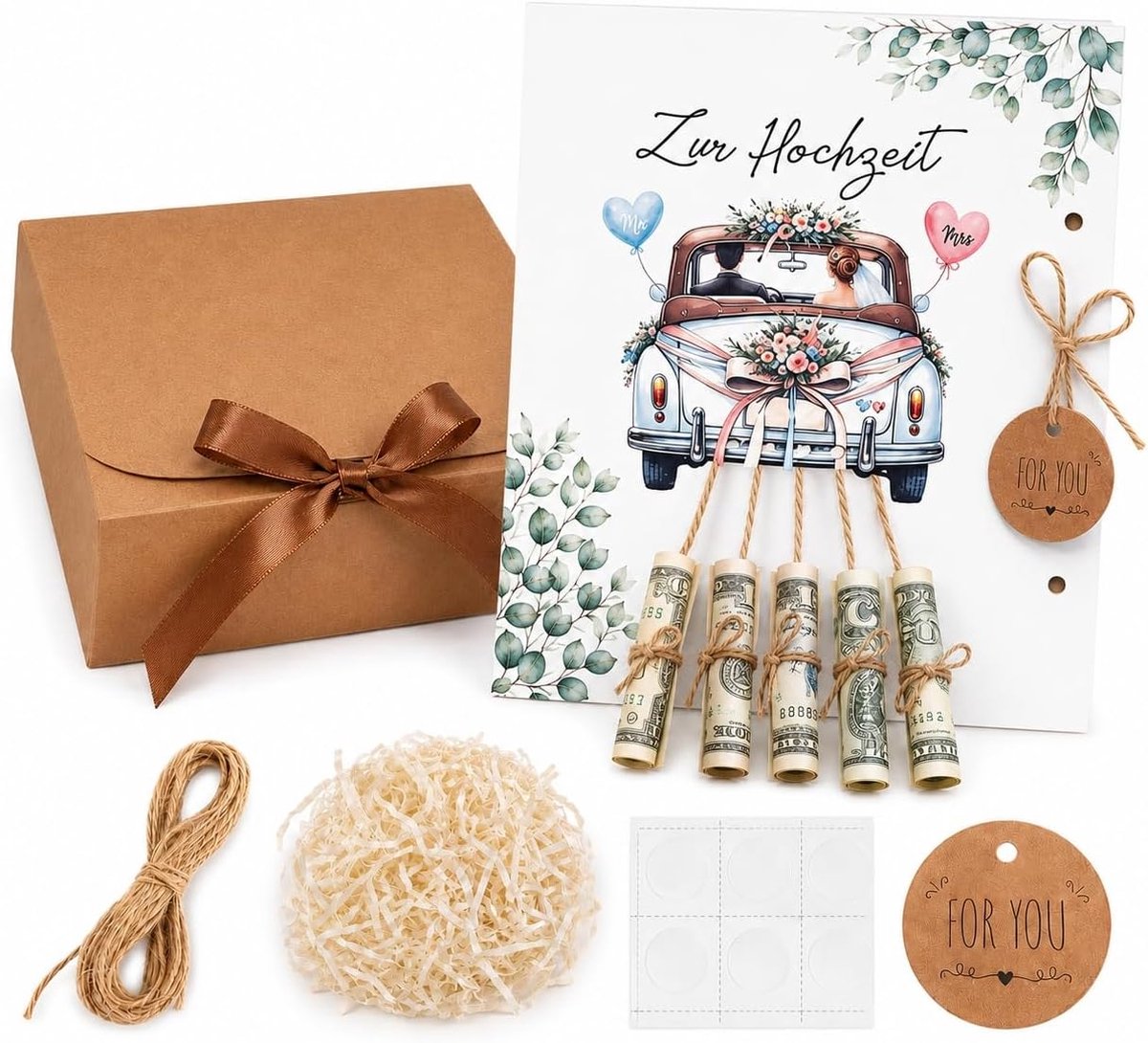 Huwelijksgeschenk Geldgeschenkset - Gepersonaliseerd met Wenskaart en Jute Tas - Creatief voor Bruidspaar - ShopVlot