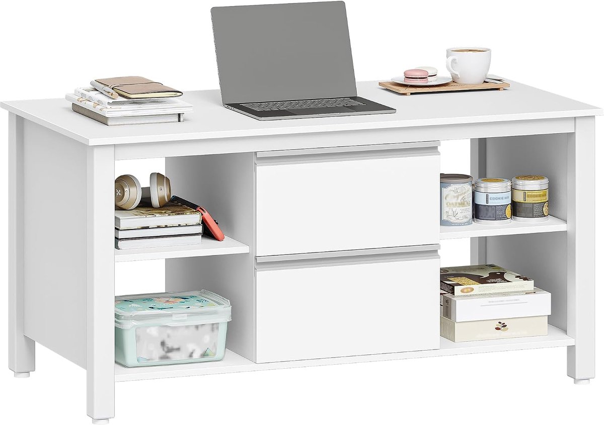 Hzuaneri Salontafel, salontafel met 2 lades en 4 open vakken, salontafels met bank, stalen tafelpoten, voor woonkamer, 50 x 100 x 50 cm wit-zilver