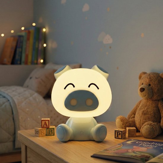 Luxus Nachtlamp Kinderkamer Piggy - Blauw - Nachtlampje baby - Voor kinderen - Slaapkamer - 7 kleuren licht - RGB - Bluetooth speaker - Draadloos - Oplaadbaar van Merkloos — afbeelding 5