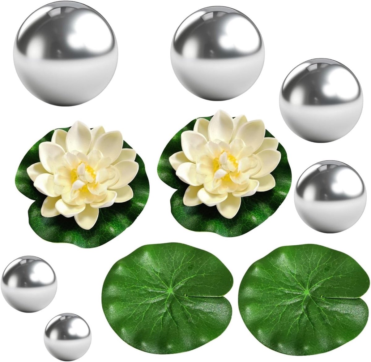 Pond decoratie set 10-delig - RVS spiegelballen - Mini vijver met lotusbladeren - Creëer een oase - ShopVlot