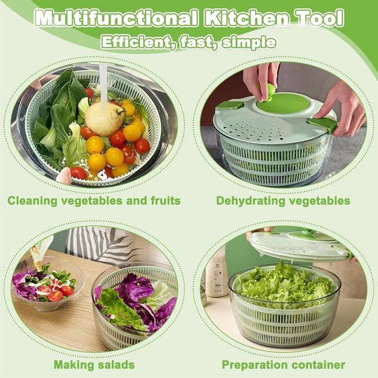 Saladecentrifuge 4 Liter - Groentewasdroger Kom - Snel Salade Drogen - Handmatige Bediening Gemakkelijk - 24.5 cm Diameter - Groen — afbeelding 3