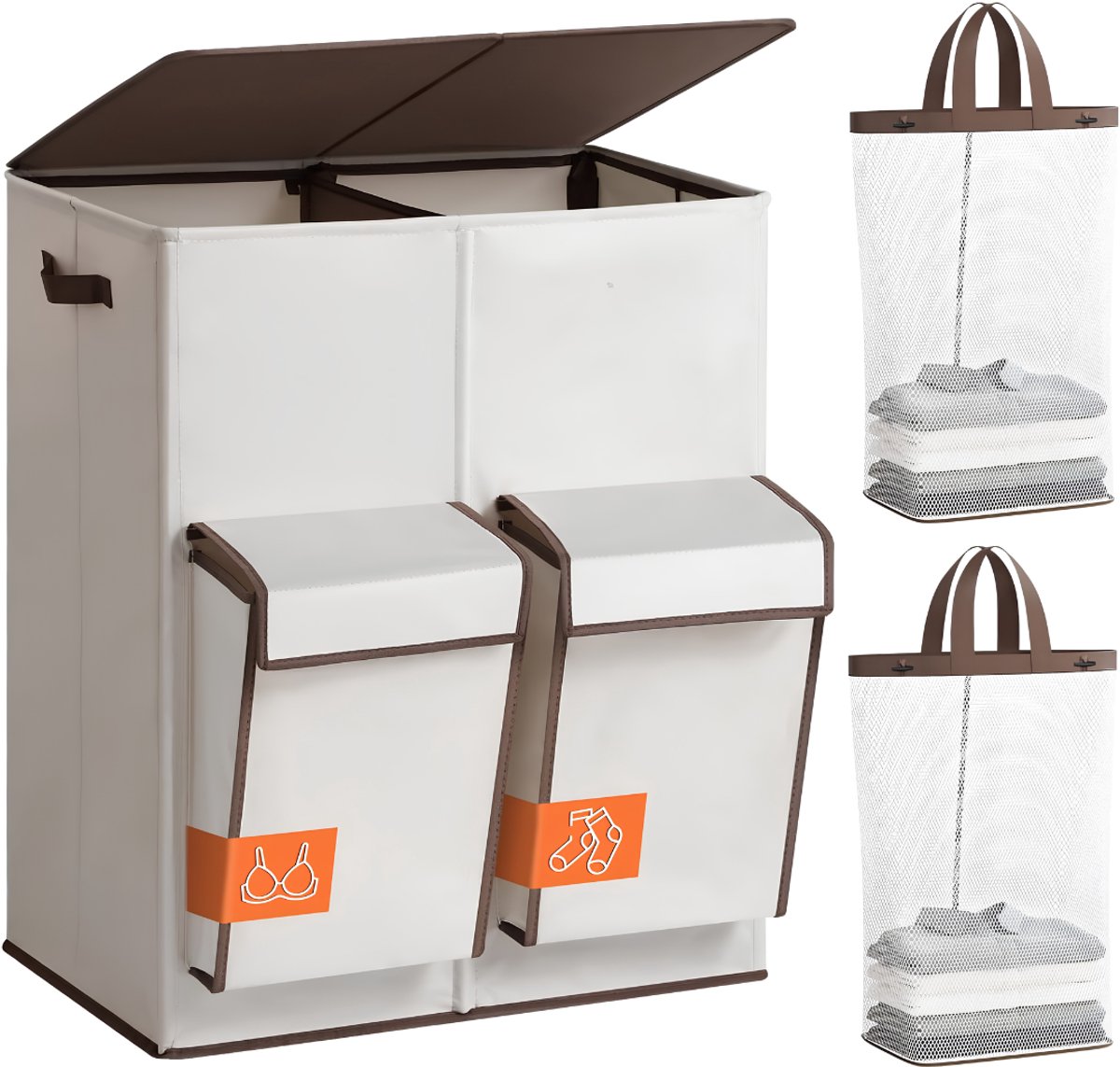 Lìon® Wasmand - 180L - Wasmand 4 Vakken - Wasmand met Deksel - Beige - 58cm x 40cm x 71cm
