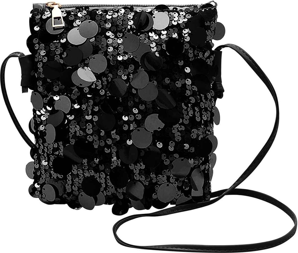 Mini tas voor mobiele telefoon - zwart - met glitter en sequins - perfect voor feestjes - ShopVlot
