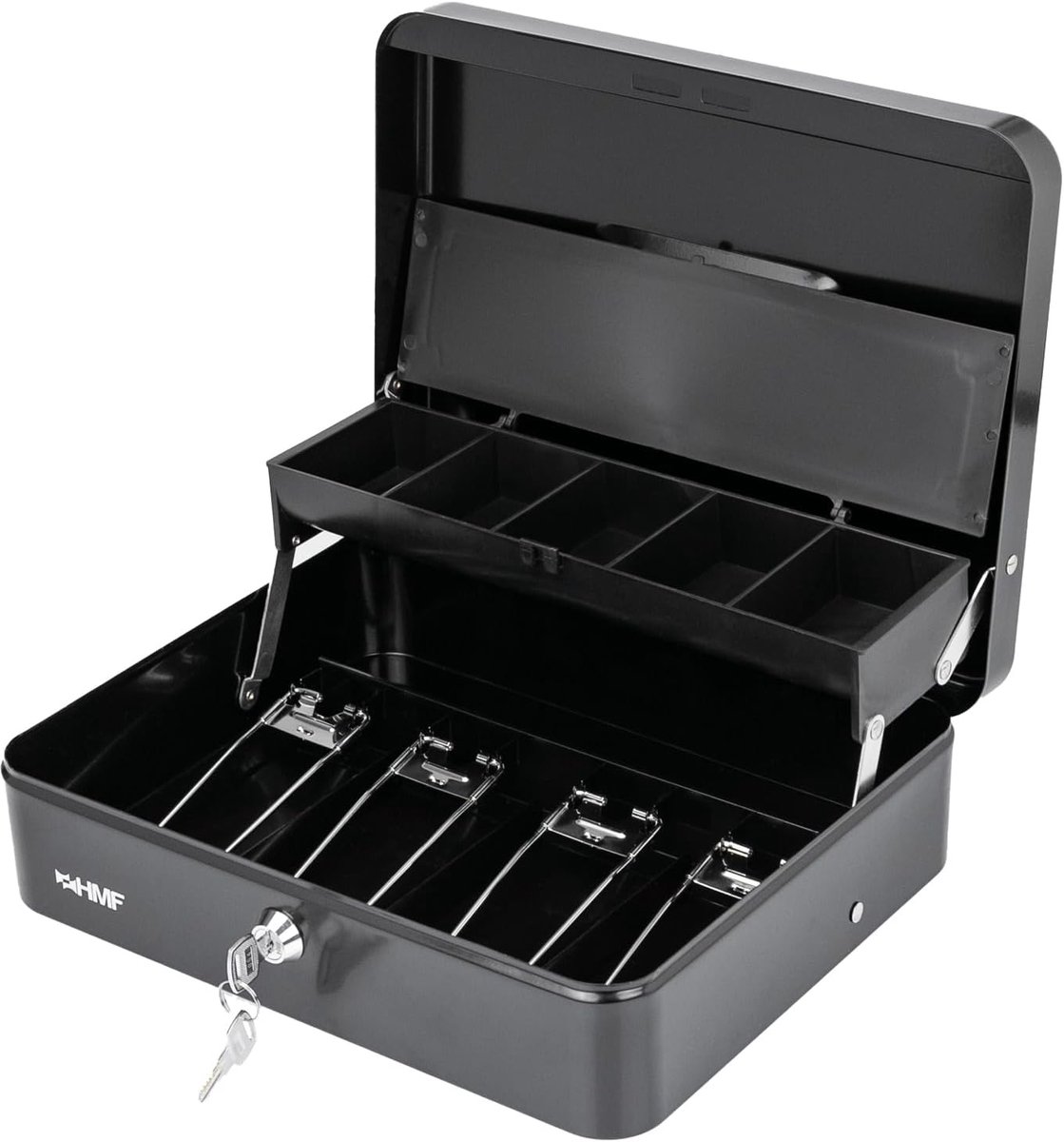 Geldcassette met slot 30 x 24 x 9 cm - zwart - met munt- en biljetcompartimenten - veilig en praktisch - ShopVlot