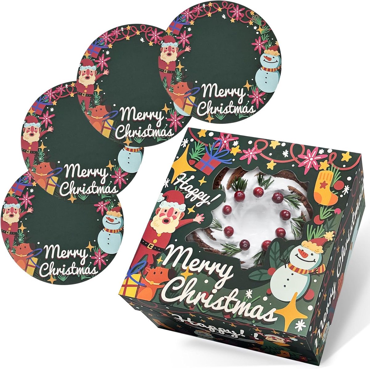 Cakedoos 30,5 x 30,5 x 15,2 cm - Kerstthema - Met venster - Perfect voor het verpakken van taarten - ShopVlot