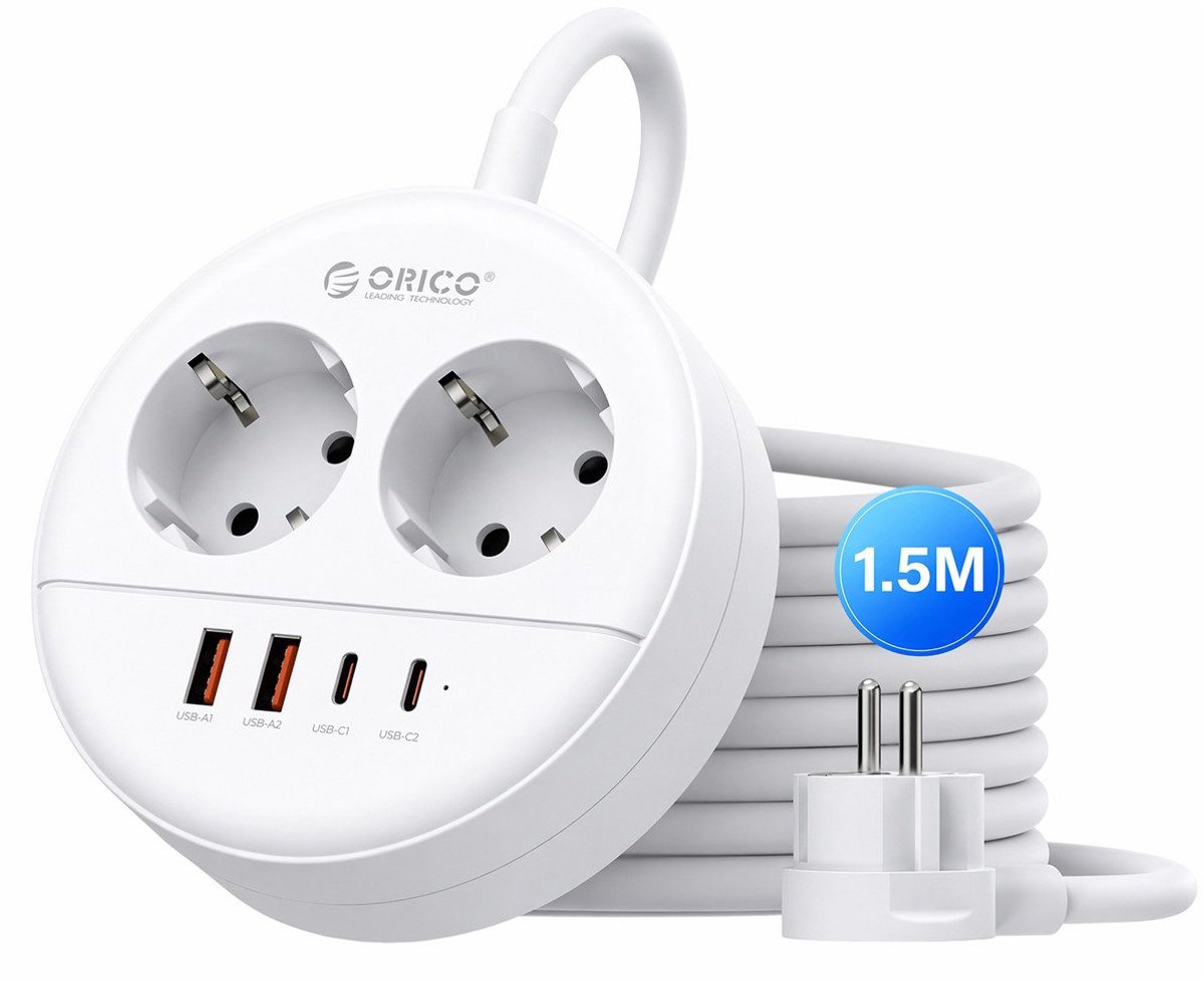 ORICO OSP - Ronde stekkerdoos - 20W Snellader - 2x Stopcontacten, 2x USB-C & 2x USB-A - Platte stekker - 1,5 m kabel - Wandmontage-stekkerdoos met veiligheidsvergrendeling - Wit
