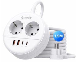 ORICO OSP - Ronde stekkerdoos - 20W Snellader - 2x Stopcontacten, 2x USB-C & 2x USB-A - Platte stekker - 1,5 m kabel - Wandmontage-stekkerdoos met veiligheidsvergrendeling - Wit