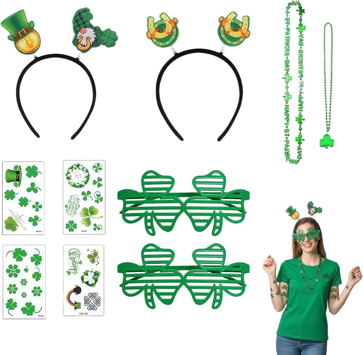 St. Patricks Day accessoires set - 2 hoofdbanden - 2 kettingen - 4 stickers - ideaal voor feesten - ShopVlot