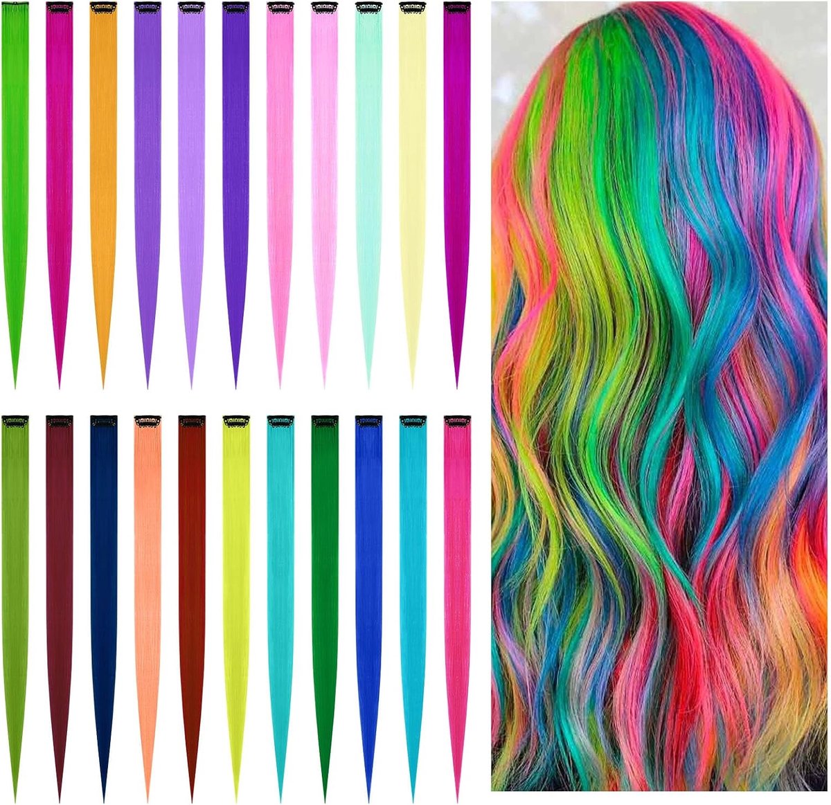 Haarextensions 22Stks Kleurvol - Lange Rechte Clip-in - Geen Trace Haarstukjes - Perfect voor Cosplay - ShopVlot