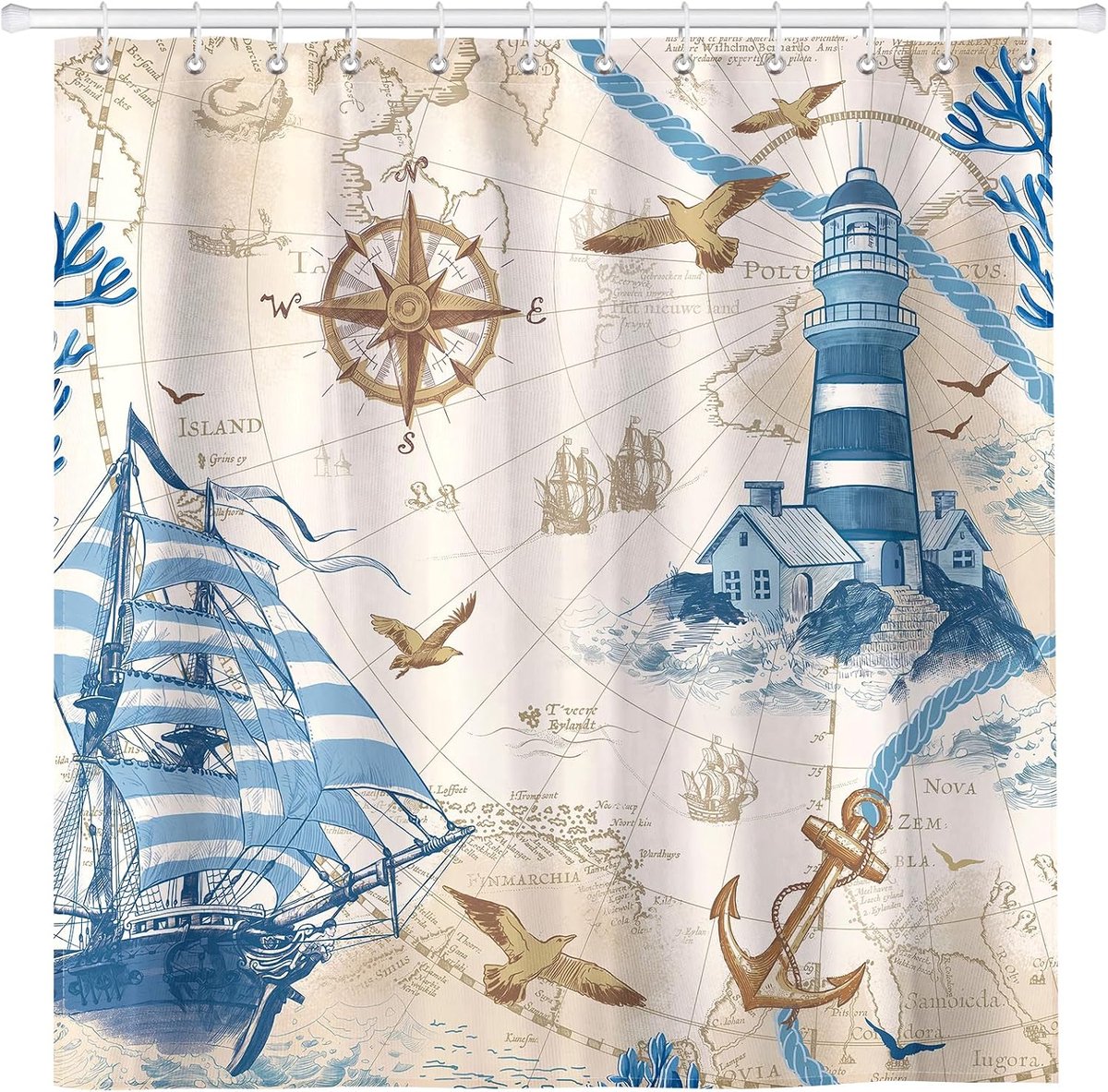 Douchegordijn 182x182cm - Waterafstotend polyester - Maritieme zeilboot print - Ideaal voor badkamer decoratie - ShopVlot