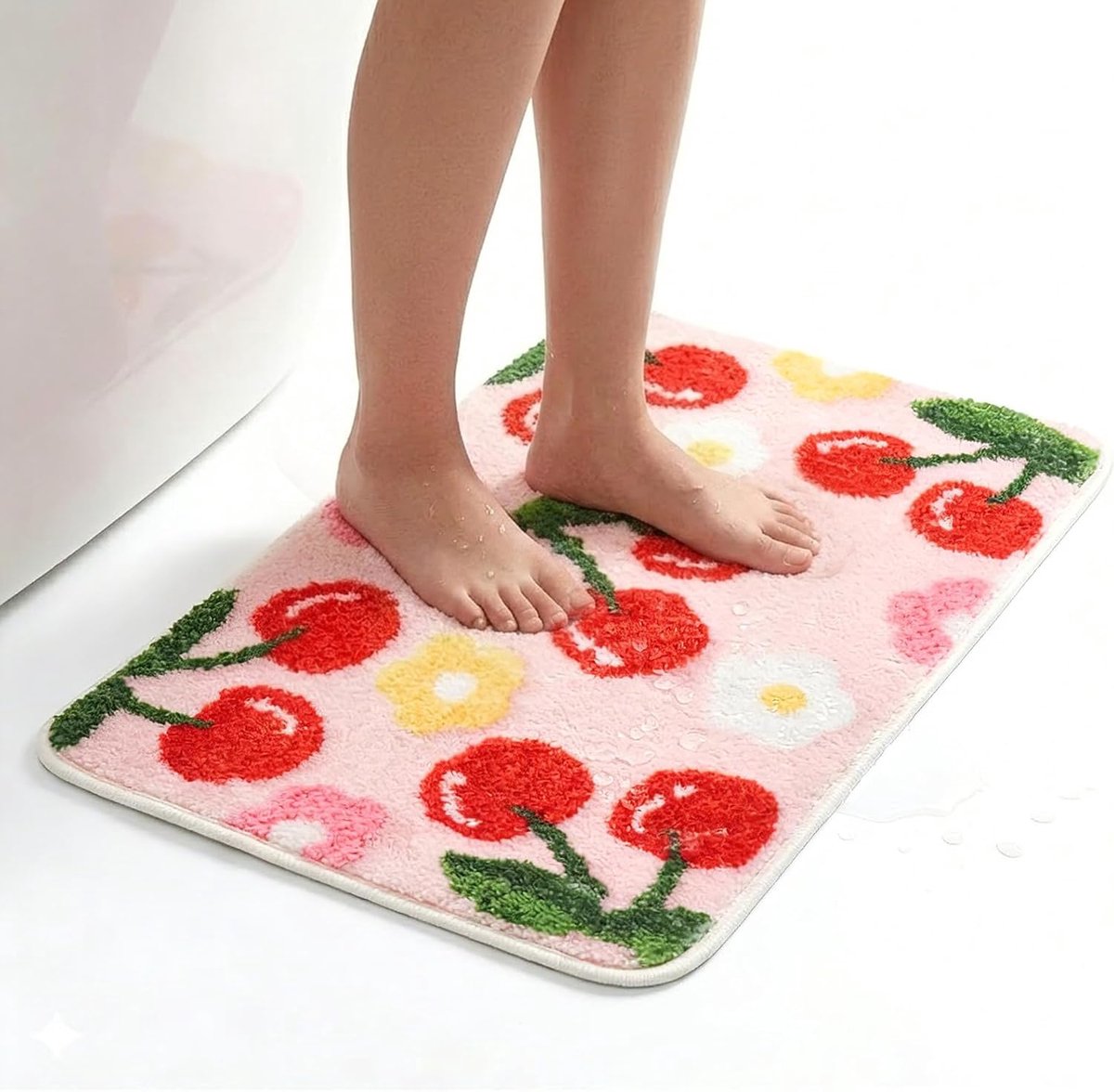 Badmat 40 x 60 cm - antislip - schattig met kersen en bloemen - geeft een vrolijke sfeer - ShopVlot