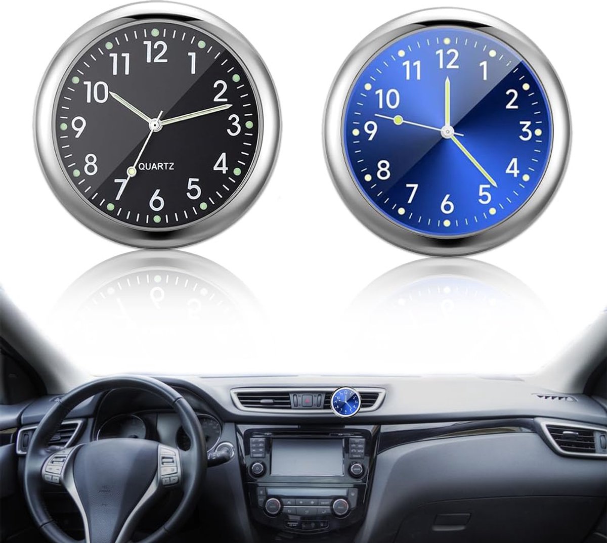 Auto Klok 2 Stuks Mini Dashboard Klok - Blauw en Zwart - Luminous Design - Duidelijk zicht in het donker - ShopVlot