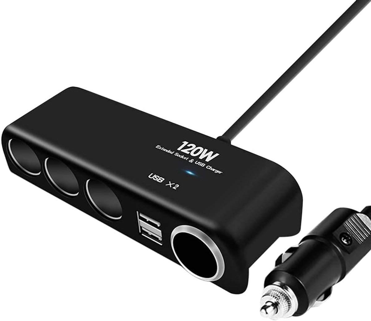 Autolader met dubbele beveiliging, sigarettenaanstekeradapter voor in de auto, met meerdere USB-poorten, 120W, 12-24V, 3 verlengsnoeren, geschikt voor vrachtwagens, auto's en campers.