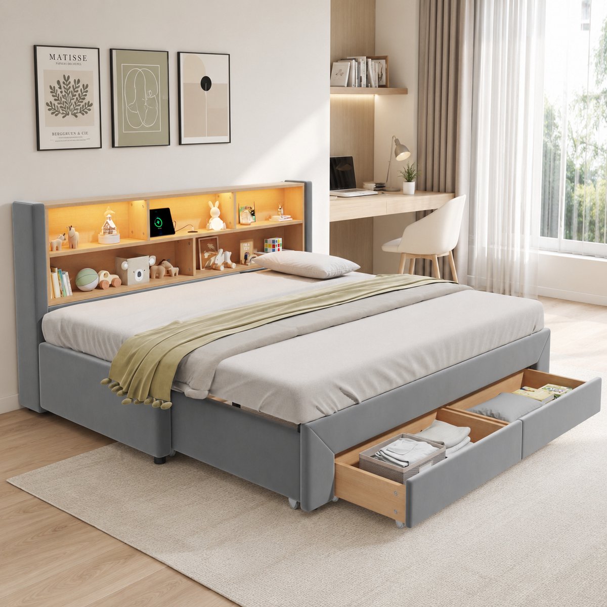 VVBV Bedbank 90x200 cm - Uitschuifbaar, USB & Type-C, Opbergruimte, LED-Verlichting - Grijs, Fluweel